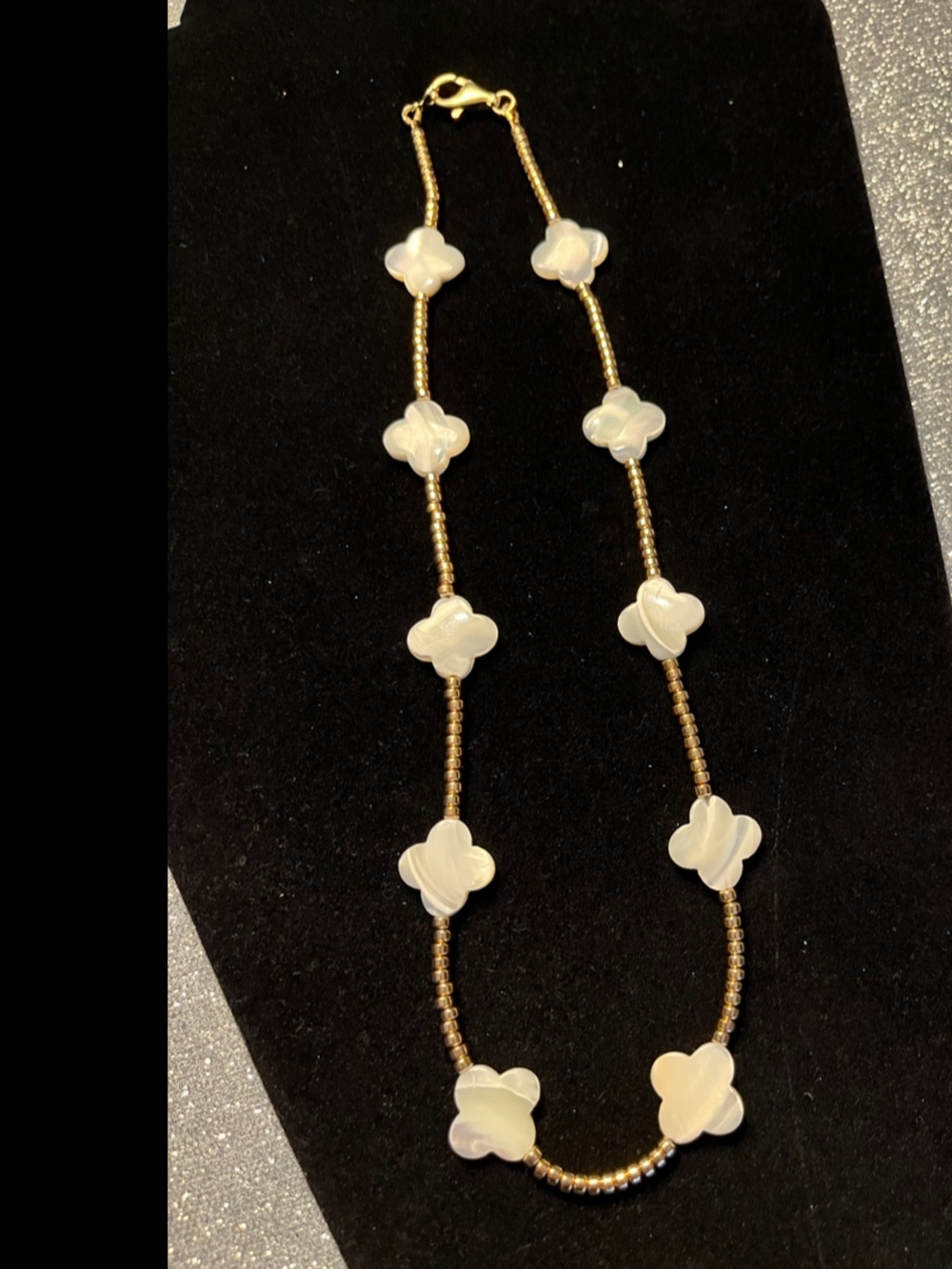 Gold hematite Necklace with White Mother-of-Pearl Clover Accents